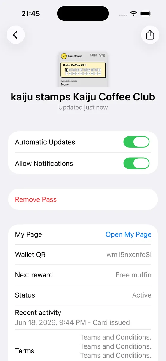 Apple Wallet pass details with stamp progress and Open My Page