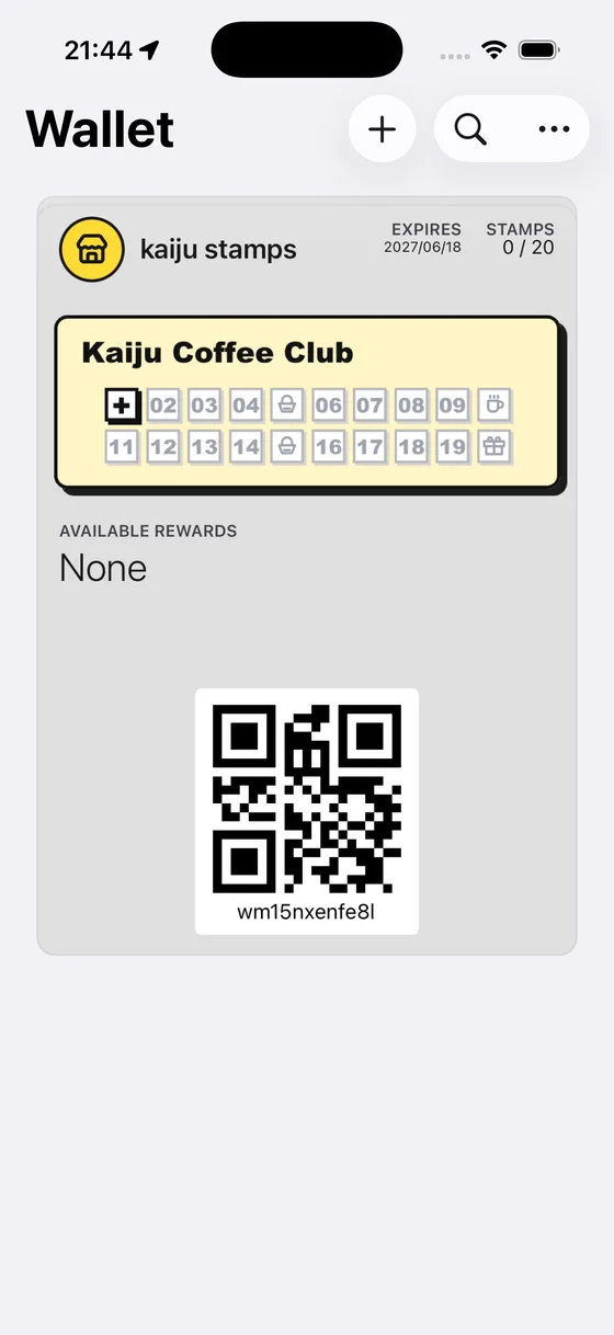 Stamp card pass in Apple Wallet at 0/20 stamps