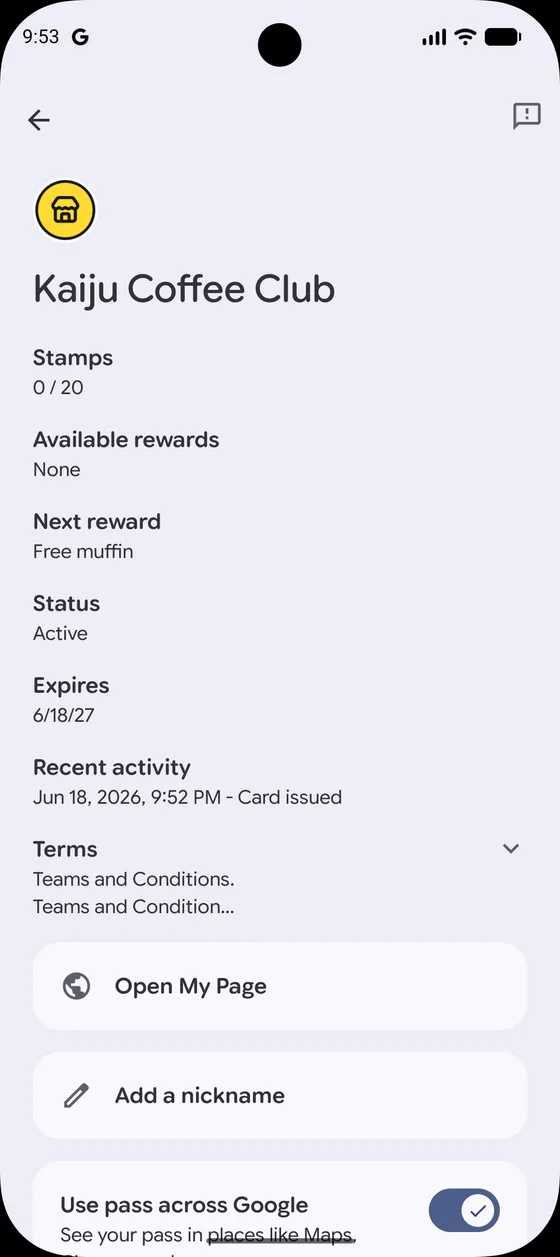 Google Wallet pass details with Open My Page link