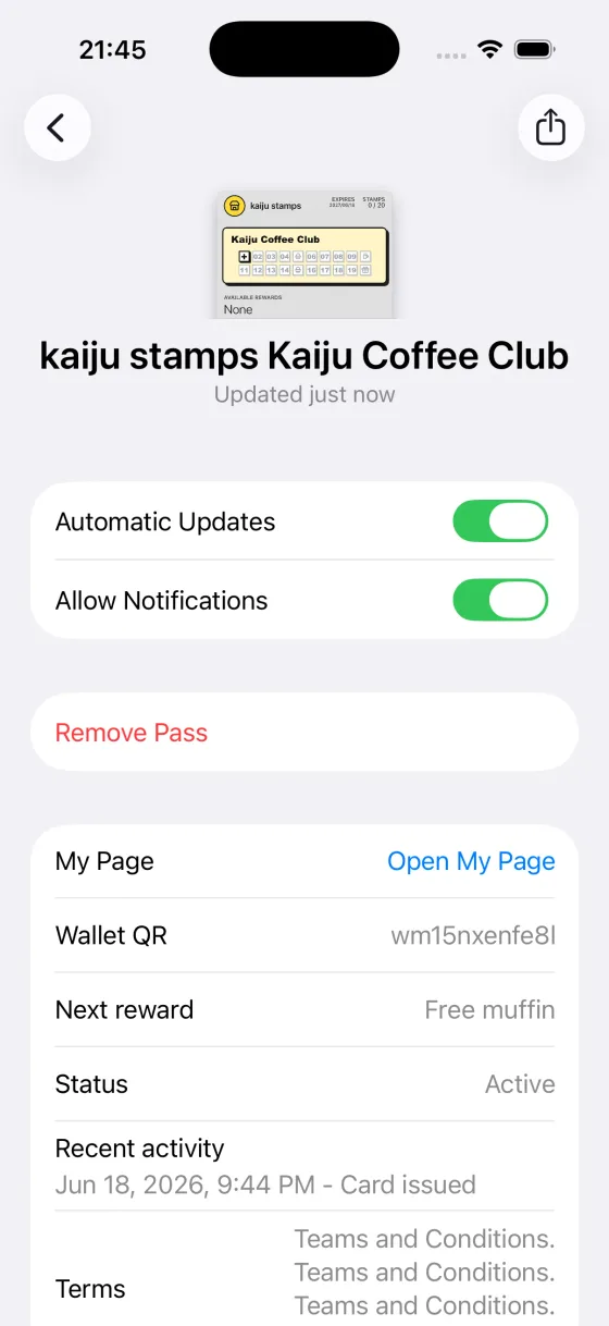 Pass details with Open My Page link