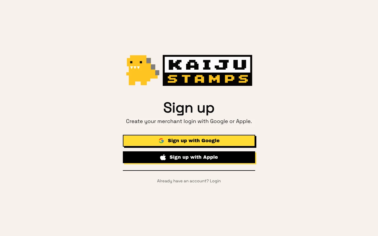 Merchant sign-up page with Google and Apple options