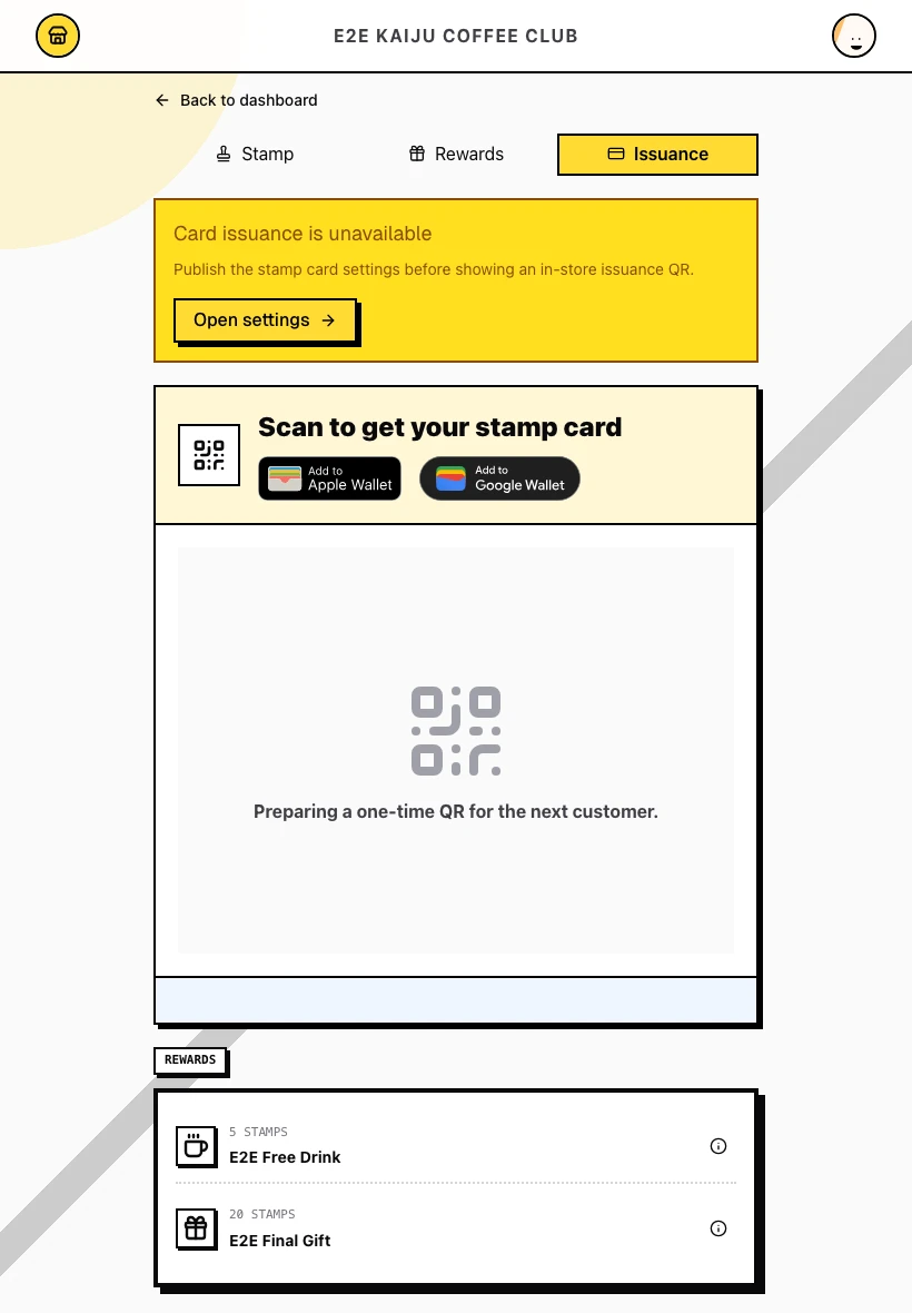 Issuance blocked until stamp card settings are published