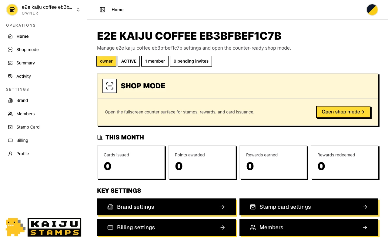 Brand dashboard with settings links in the sidebar