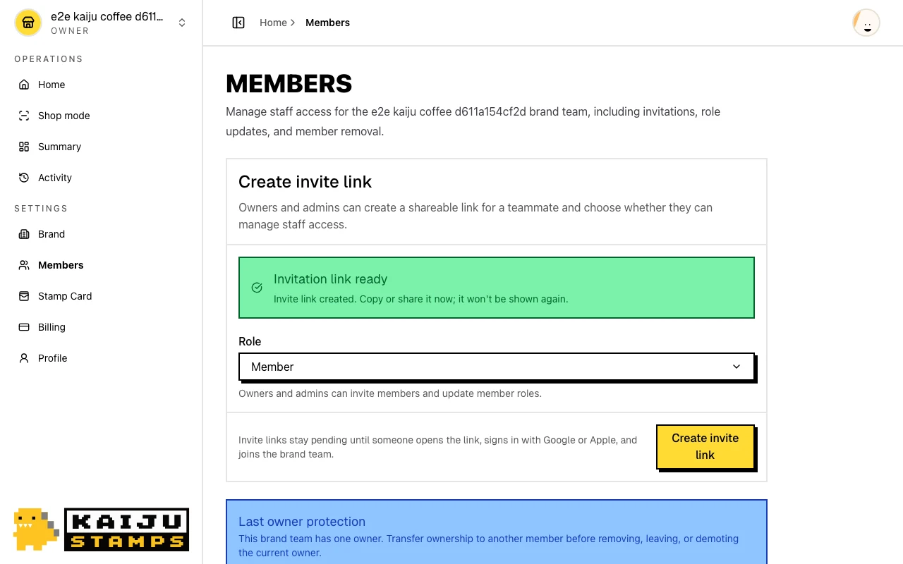 Invitation link ready with copy and share actions