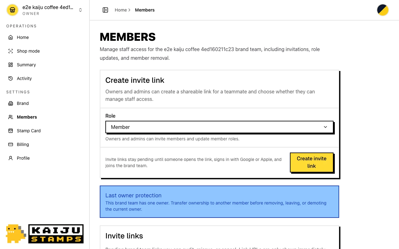 Members page with team list and invite form