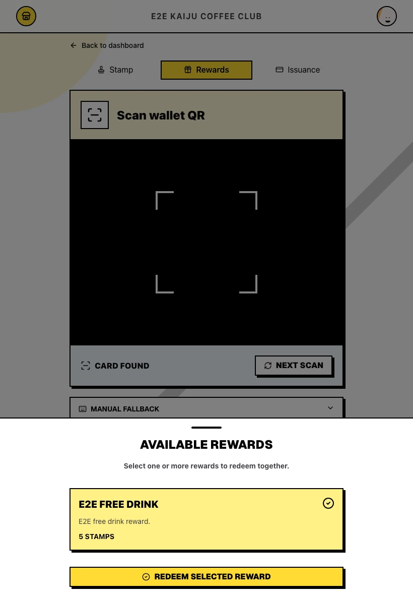 Card found with available rewards listed