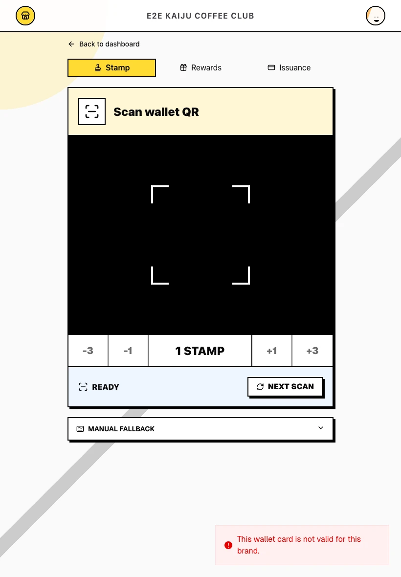 Invalid wallet card error on stamp accrual