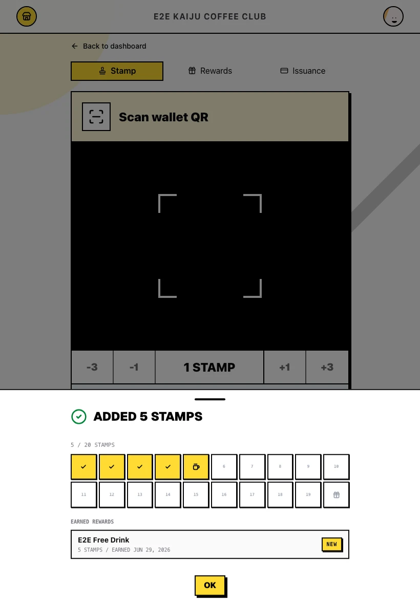 Stamp accrual success drawer with updated progress