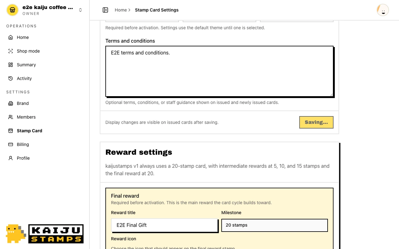 Card settings saved confirmation