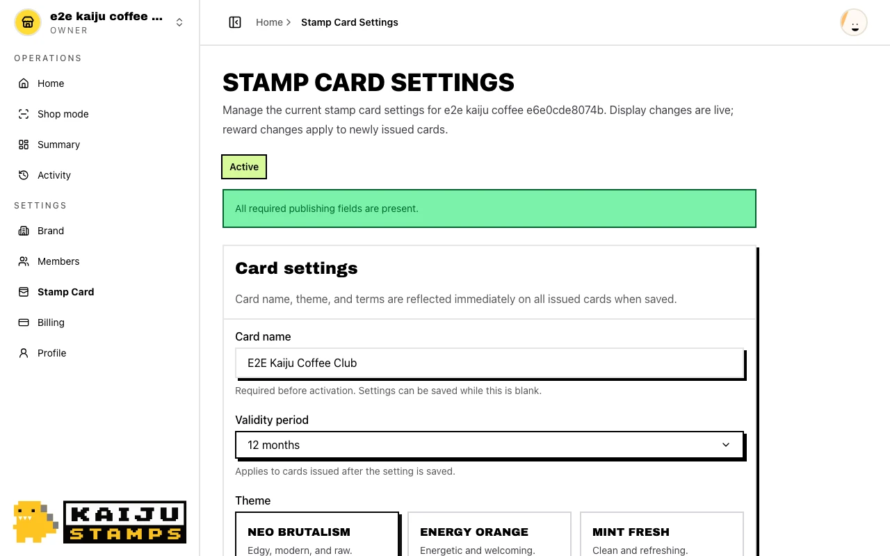 Stamp Card Settings with active program and preview